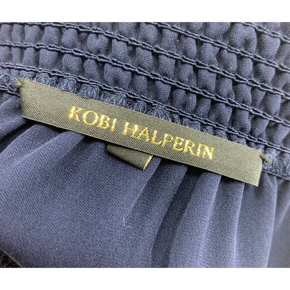 Kobi Halperin Sz XS Navy Blue 100% Silk Off Shoulder Flare Sleeve Blouse Top - Picture 3 of 7